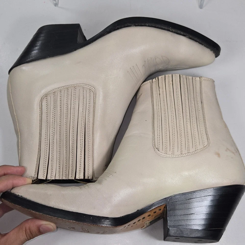 Botas Jaca Cream Leather Western Ankle Boots Pointed Toe Made in Mexico Size 5.5